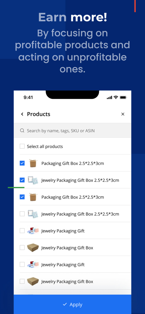 Mobile App-Oberfläche, die eine Liste von Amazon-Produkten zur Rentabilitätsanalyse anzeigt