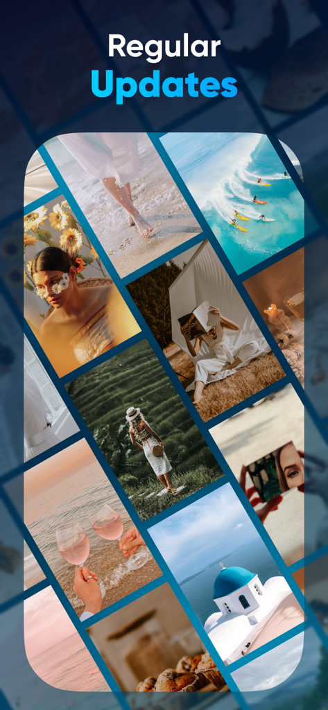 A collage of aesthetic lifestyle and travel photos showcasing regular updates for photo filters.