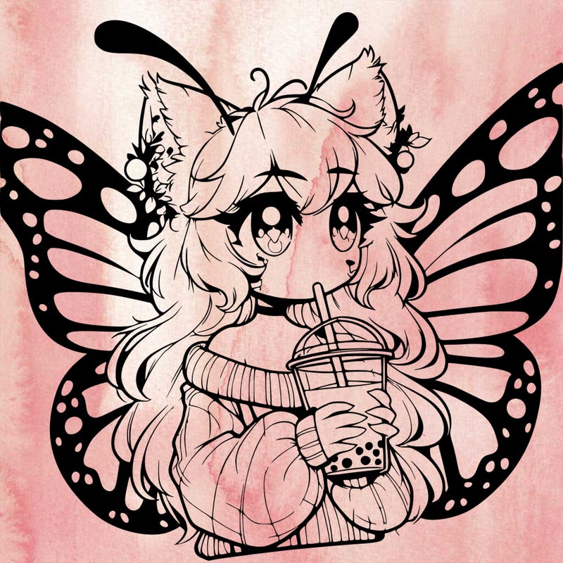 a realistic butterfly/furry girl drinking boba