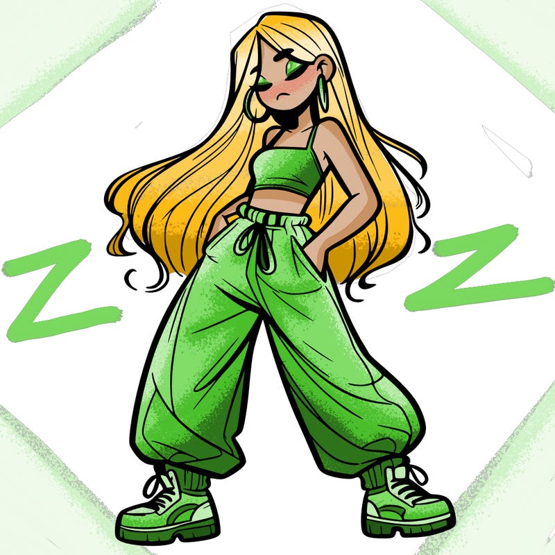 girl in baggy pants crop top and long hair