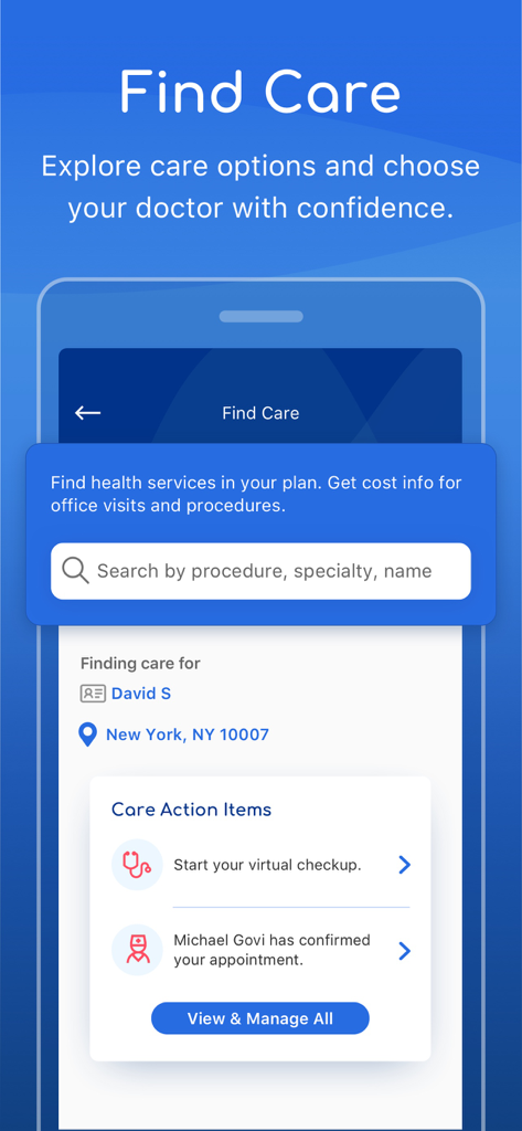 Sydney Health - Sydney Health app Find Care interface with search bar for medical procedures and providers