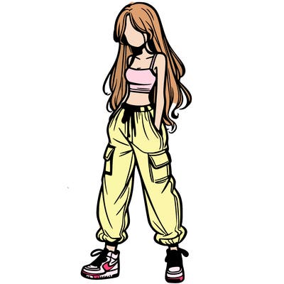 girl in baggy pants crop top and long hair