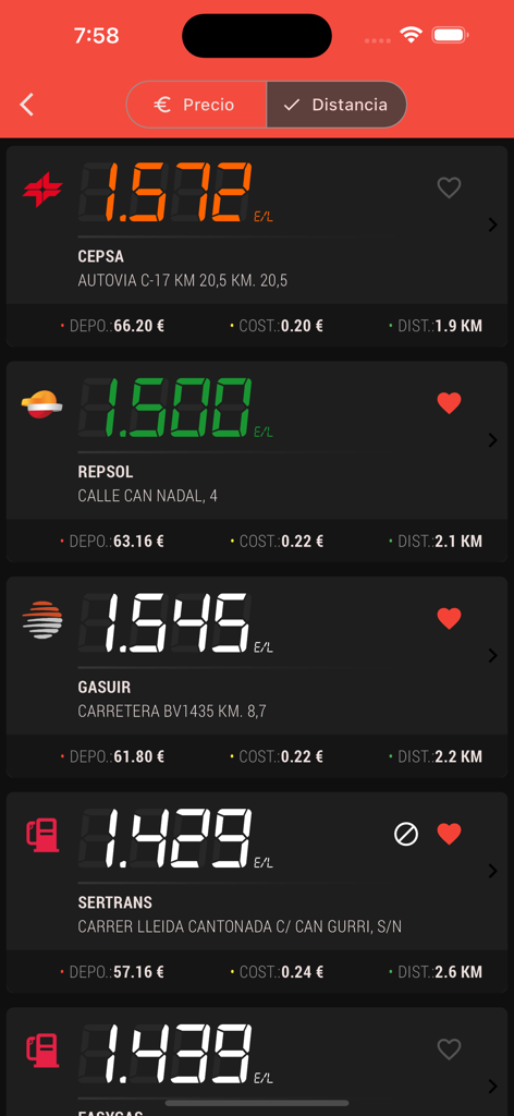 A list of gas stations in Spain showing fuel prices and distances in dark mode