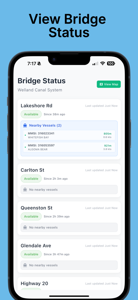 Welland Canal Bridge Status app interface showing real-time bridge availability and vessel tracking information