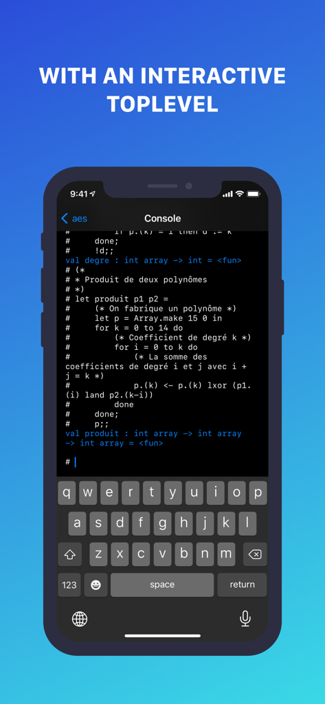 Console OCaml interativo top-level no celular mostrando código para multiplicação de polinômios