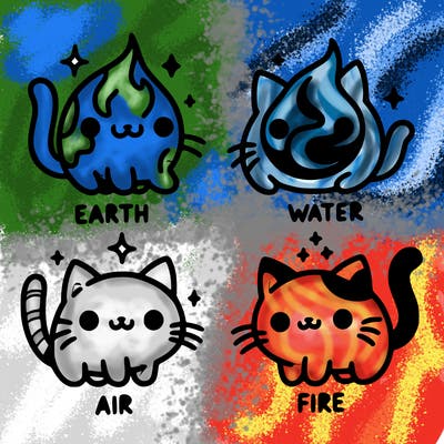 4 cats that represent the different elements, earth, water, air, and fire