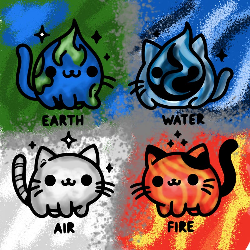 4 cats that represent the different elements, earth, water, air, and fire