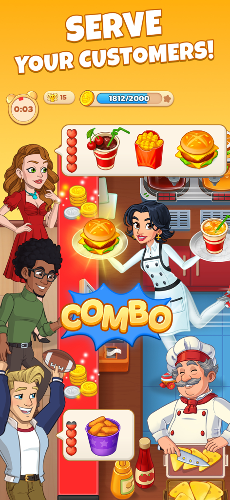 Chef serving food and drinks to customers in Cooking Diary restaurant game
