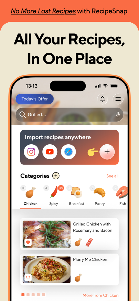 Recipe Keeper: RecipeSnap - RecipeSnap app dashboard featuring recipe categories and import tools for social media platforms