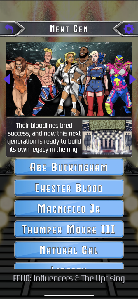 Modern Mania Wrestling GM menu showing the Next Gen wrestler selection screen with various characters and their names