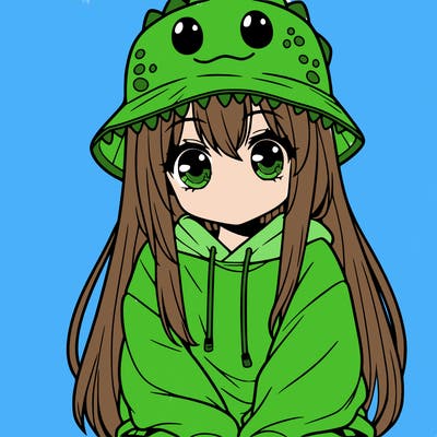 girl with anime shaped eyes with a dinosaur bucket hat oversized sweatshirt long straight hair