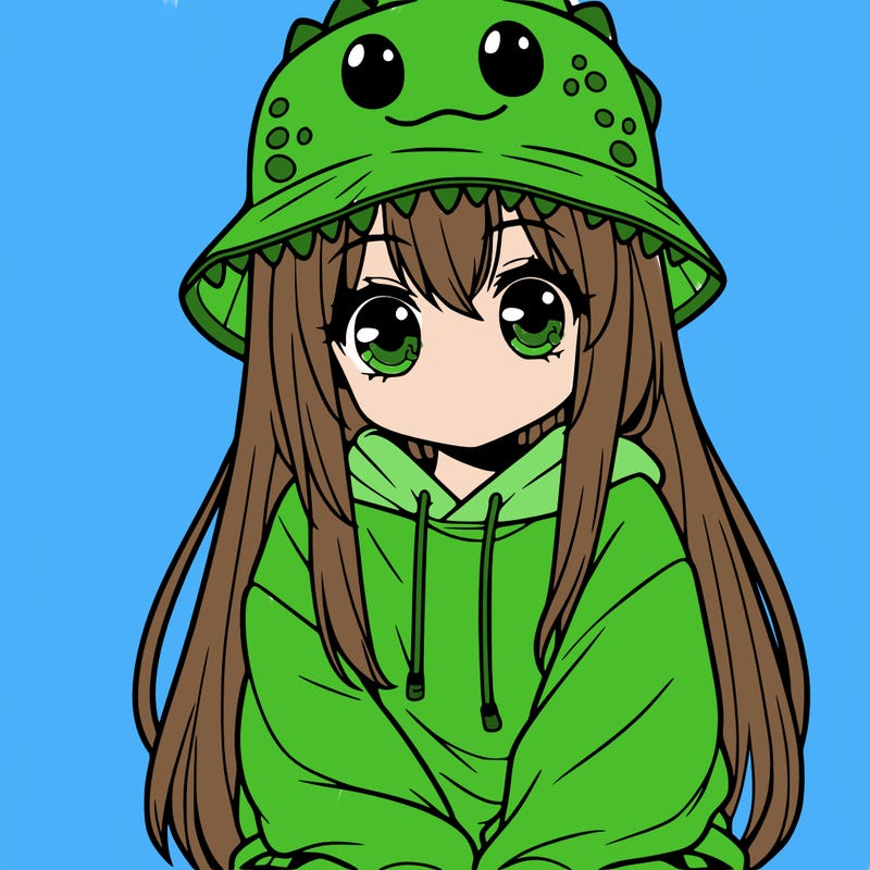 girl with anime shaped eyes with a dinosaur bucket hat oversized sweatshirt long straight hair