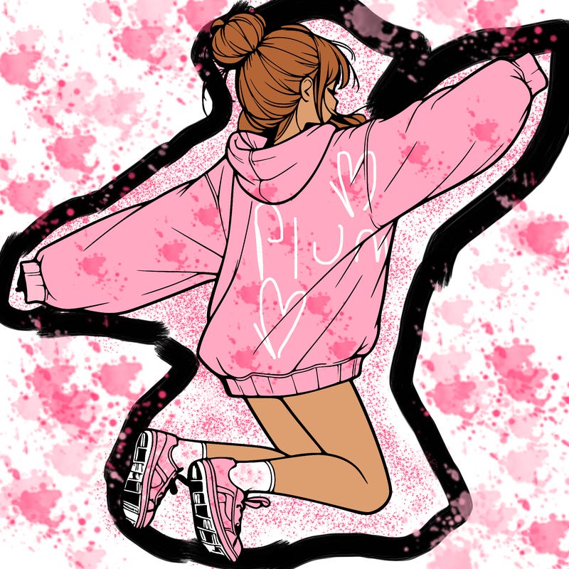 realistic girl jumping with a bun and oversized sweatshirt