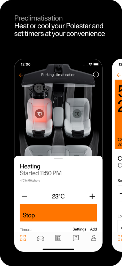 Polestar - Smartphone screen showing the Polestar app remote climate control interface for vehicle heating and cooling