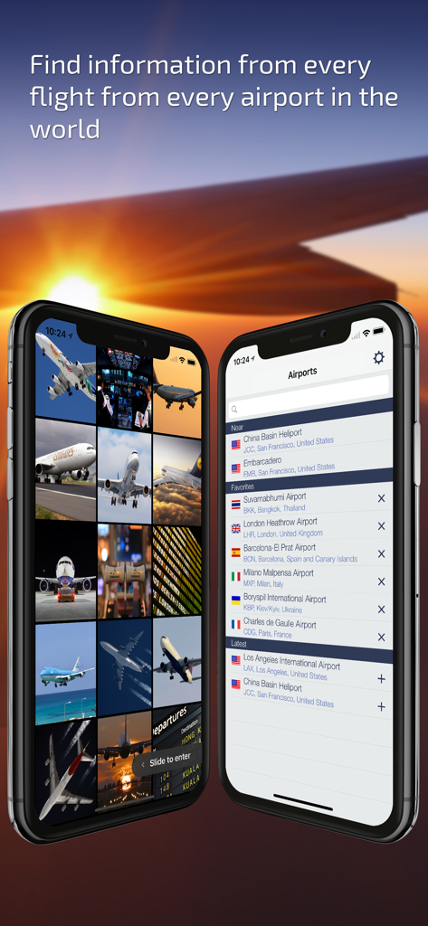 Flight Tracker app screens showing global airport search and aircraft image collection.