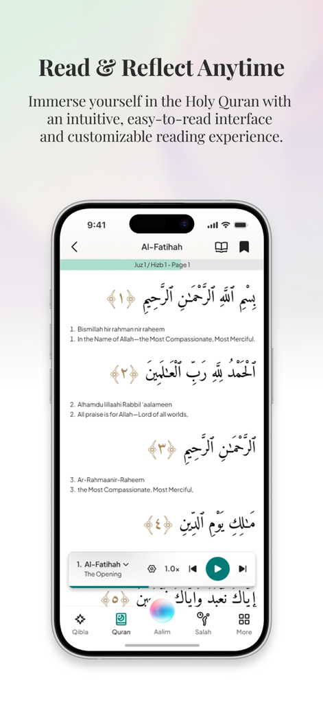 AI Muslim Assistant - Aalim - A smartphone screen displaying the Holy Quran with Arabic text and English translation in the Aalim app.