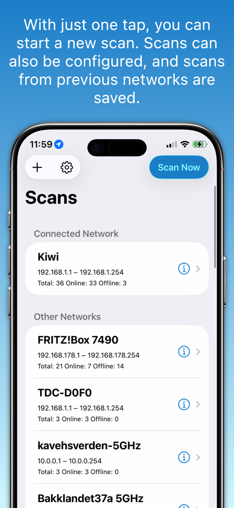 Network Radar - Network Radar app displaying a list of connected and saved network scans on iPhone