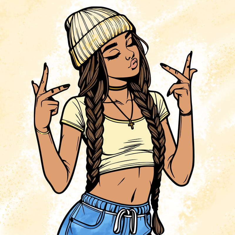 realistic teenage girl with braids and a beanie and crop top doing 🫶🏼