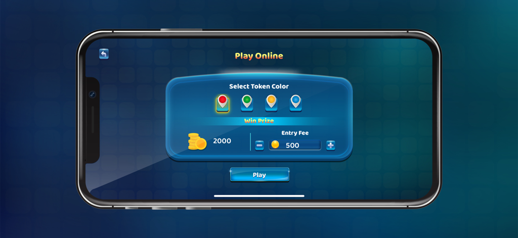 Ludo Super Kings - Ludo Super Kings online play setup screen with token color selection and entry fee details.