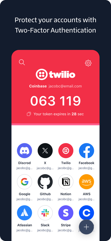 Twilio Authy mobile app interface displaying two-factor authentication security tokens for various digital accounts
