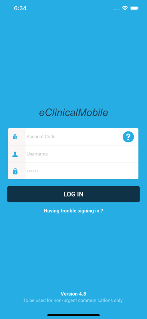 eClinicalMobile - Secure login interface for the eClinicalMobile medical application showing account credentials fields