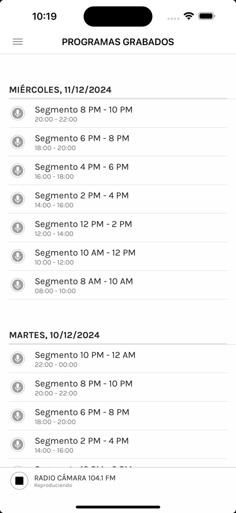 Radio Cámara - Interface showing a list of recorded radio programs and time segments in the Radio Cámara app