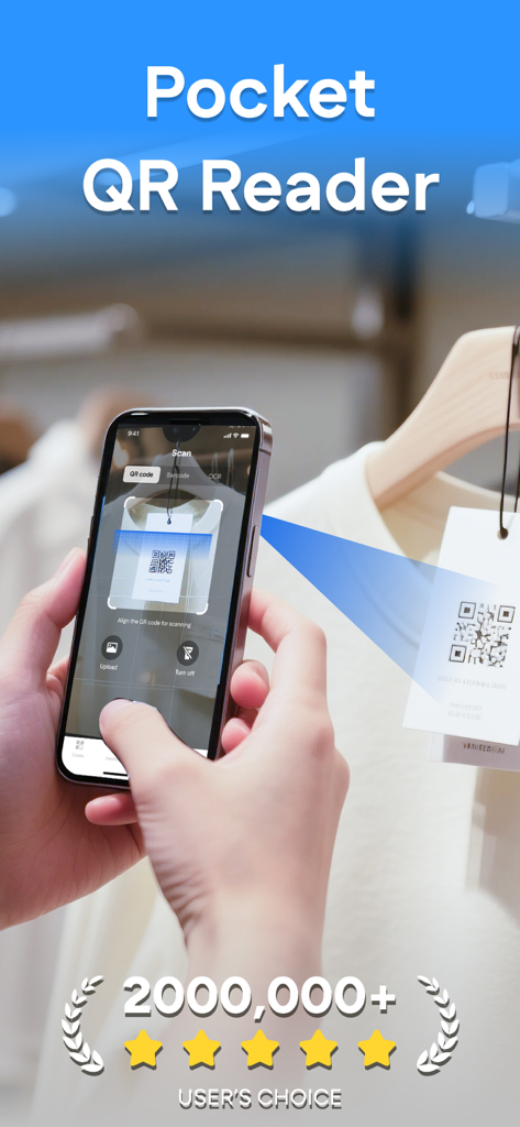 EasyQR Code Scan app interface showing a smartphone scanning a QR code on a clothing tag in a store