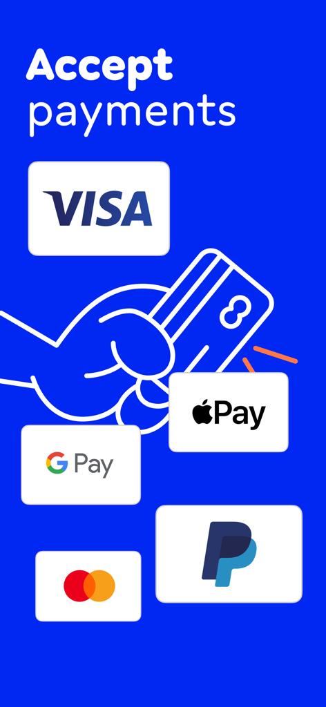 Graphic showing that the app accepts multiple payment methods including Visa, Apple Pay, Google Pay, PayPal, and Mastercard