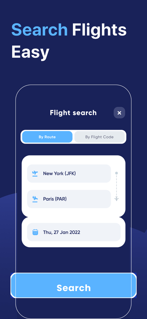 A mobile interface for searching flights by route between New York and Paris with a search button