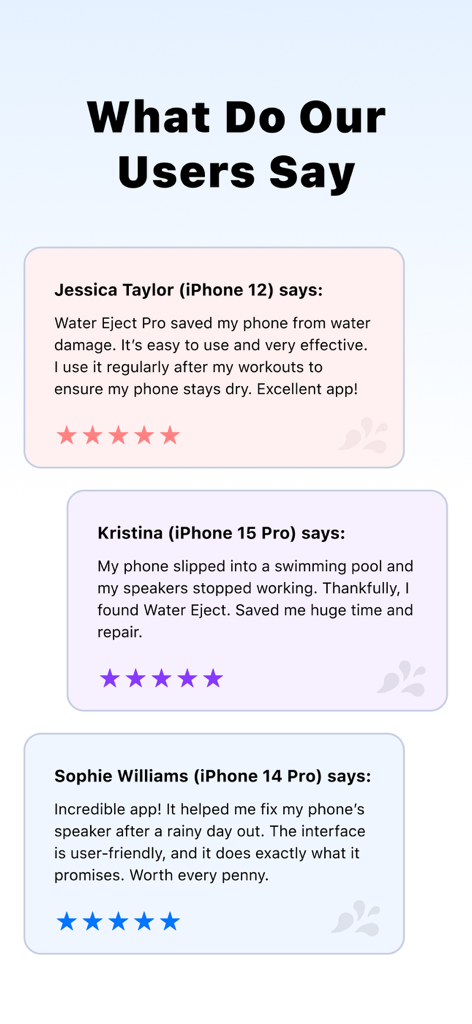 Customer testimonials and five star reviews for the Water Eject app showing iPhone user experiences
