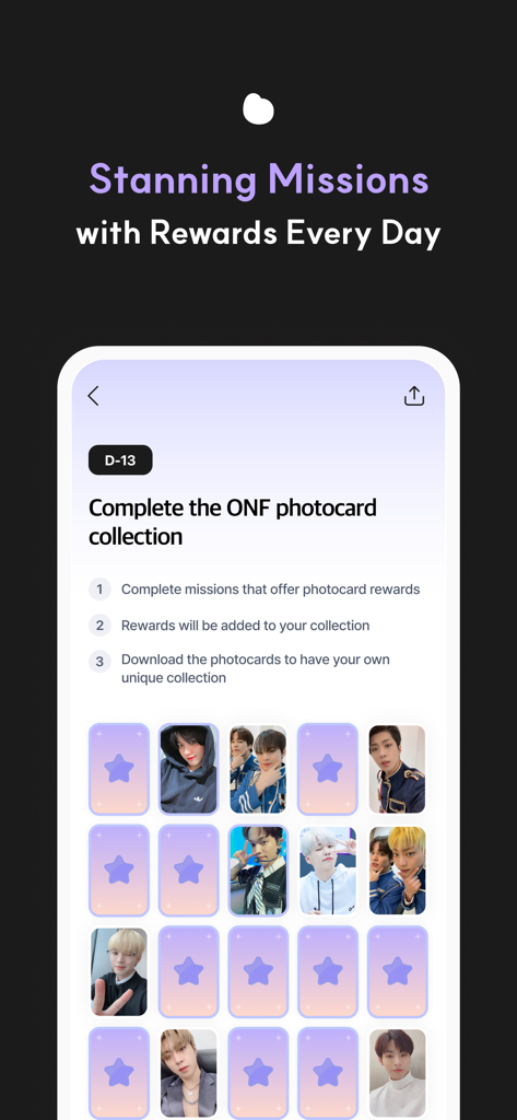 blip: Kpop idol schedule app - Interface of the blip app showing stanning missions and a digital photocard collection