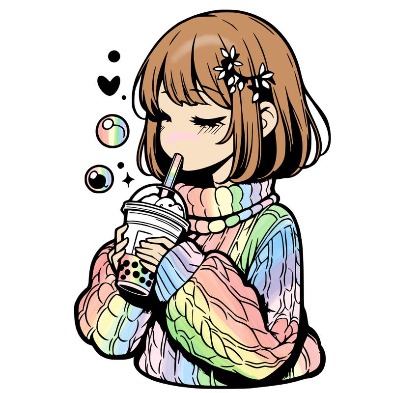 manga girl drinking boba in cozy sweater