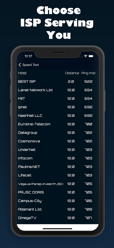 Interfaccia dell'app SpeedTest che mostra un elenco di host ISP con distanza e statistiche di ping.