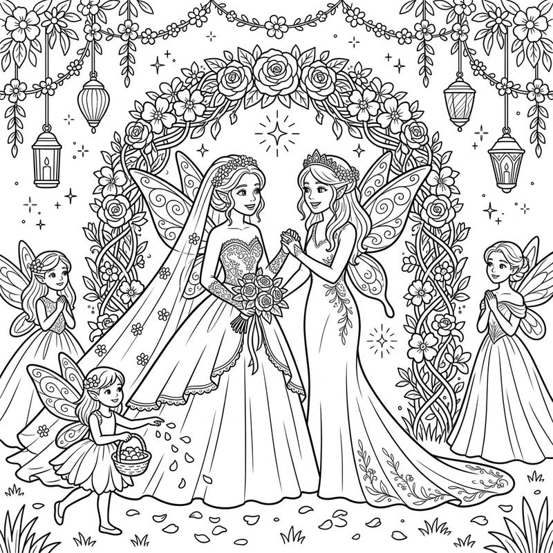 Step into a realm of enchantment with this delightful Light Fairies Wedding coloring page, capturing a moment of pure magic and joy. Witness two radiant fairy brides celebrating their union under a magnificent floral arch, surrounded by their whimsical attendants.