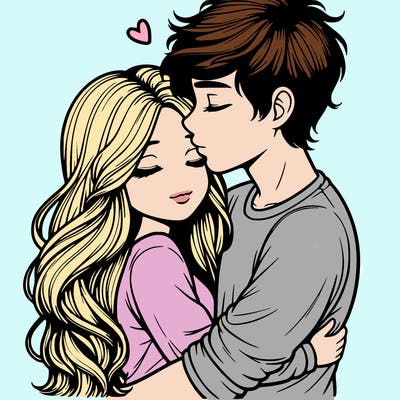 a realistic couple boy and girl hugging and kissing