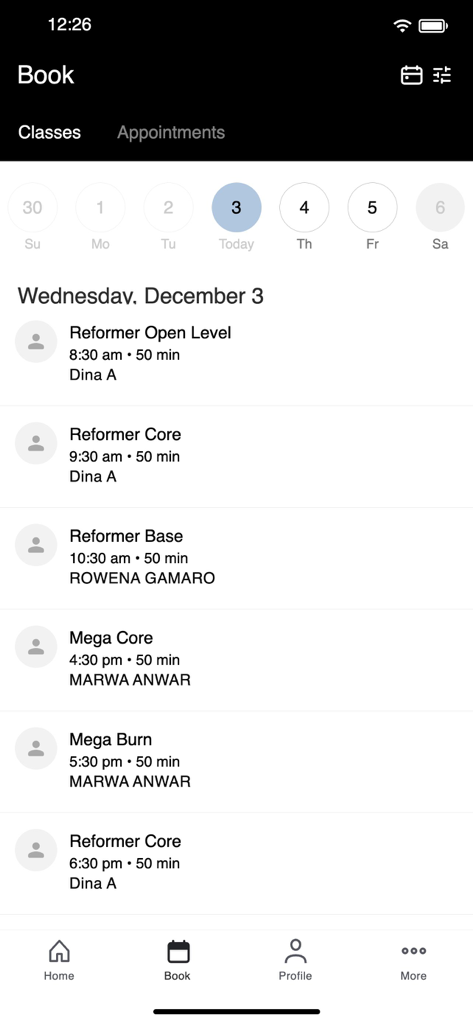 ARC Fitness Studio - ARC Fitness Studio app screen displaying a daily schedule for reformer and mega core classes with instructor names and times.