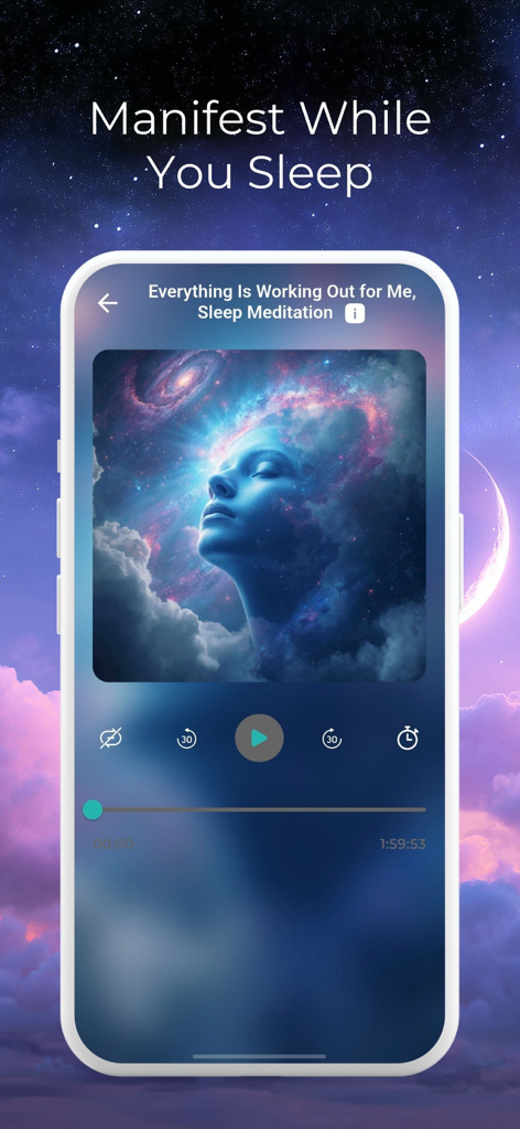 Sleep Time: Sleep Meditations - Sleep Time app player screen for a manifestation meditation with a starry background