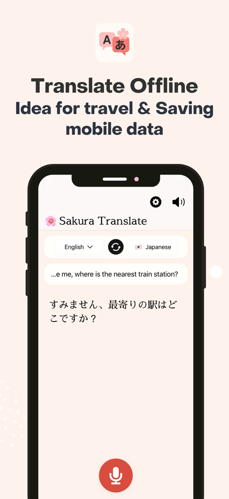 Sakura Translate for Japanese - Captura de tela do aplicativo Sakura Translate mostrando tradução offline de inglês para japonês para direções de viagem