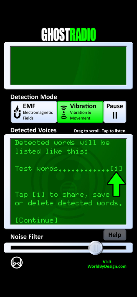 GhostRadio - Interfaccia dell'app GhostRadio che mostra le modalità di rilevamento EMF e vibrazioni con un registro testuale delle voci rilevate.