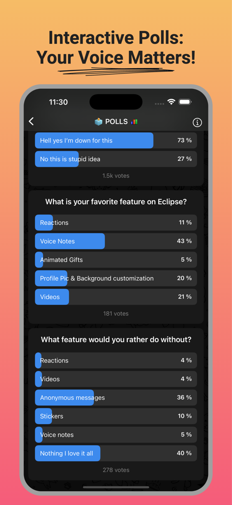 Uno screenshot dell'interfaccia mobile dell'app Eclipse che mostra sondaggi utente interattivi e risultati di votazione della community.