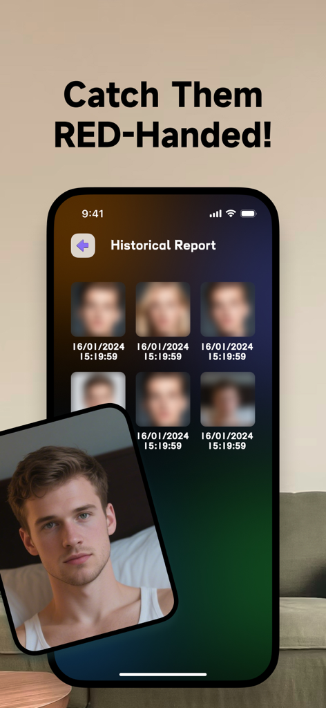 ClapFinder : Clap Find Phone - Smartphone screen displaying a historical report of intruder photos captured after unauthorized access attempts.