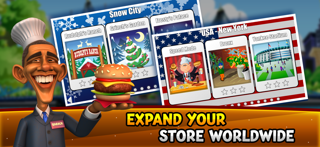 Una caricatura de chef sosteniendo una hamburguesa frente a tarjetas de selección de nivel del juego para Nueva York y Ciudad de la Nieve