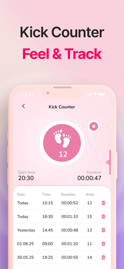 Period Tracker－Pregnancy・Femin - Interfaz de la aplicación móvil para rastrear las patadas del bebé durante el embarazo con un registro de historial diario.