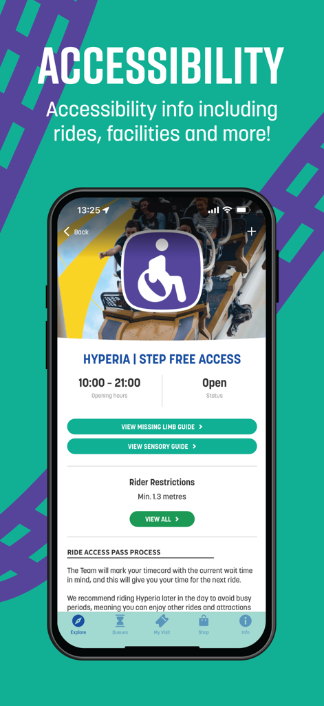 THORPE PARK – Official - Thorpe Park official app showing accessibility information including step free access and sensory guides for rides