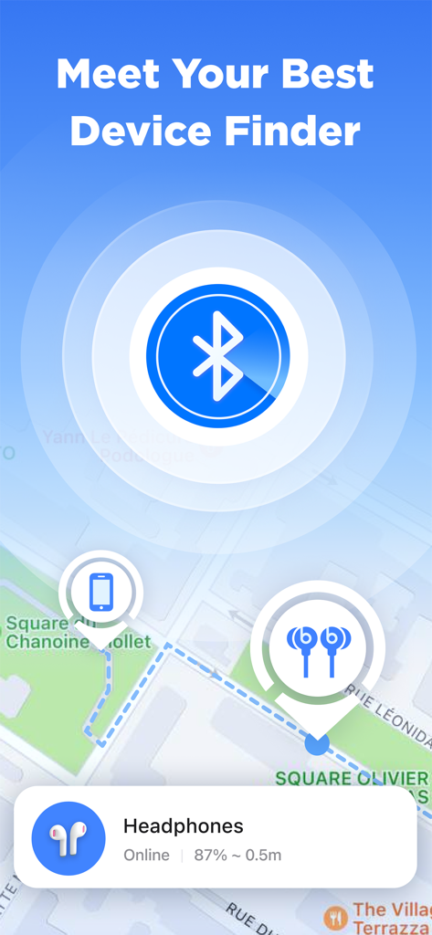 A smartphone map interface showing locations of lost bluetooth devices like headphones