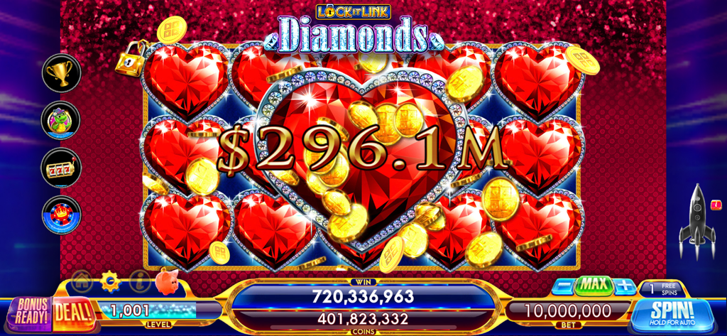 Découvrez le gameplay de la machine à sous Lock it Link Diamonds, avec ses grands cœurs rouges et son jackpot exceptionnel.