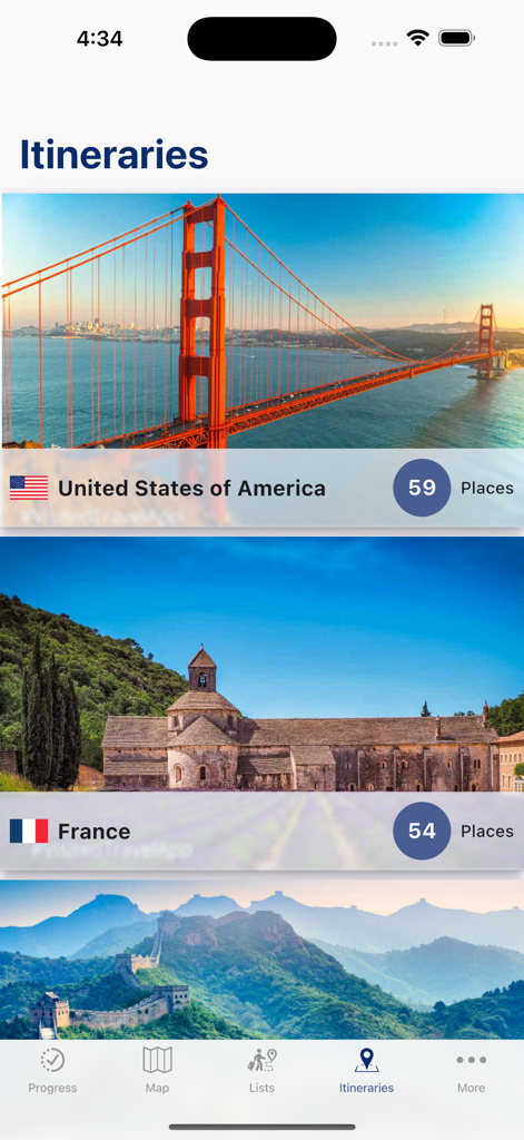Visited: Travel Tracker & Map - Mobile app interface showing travel itineraries for the United States, France, and China with photos of the Golden Gate Bridge and Great Wall.