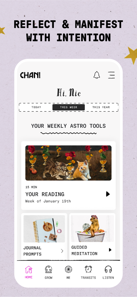 CHANI: Your Astrology Guide - CHANI占星術アプリのホーム画面。パーソナライズされたリーディング、ジャーナリングのプロンプト、ガイド付き瞑想などの週刊アストロツールが表示されています。