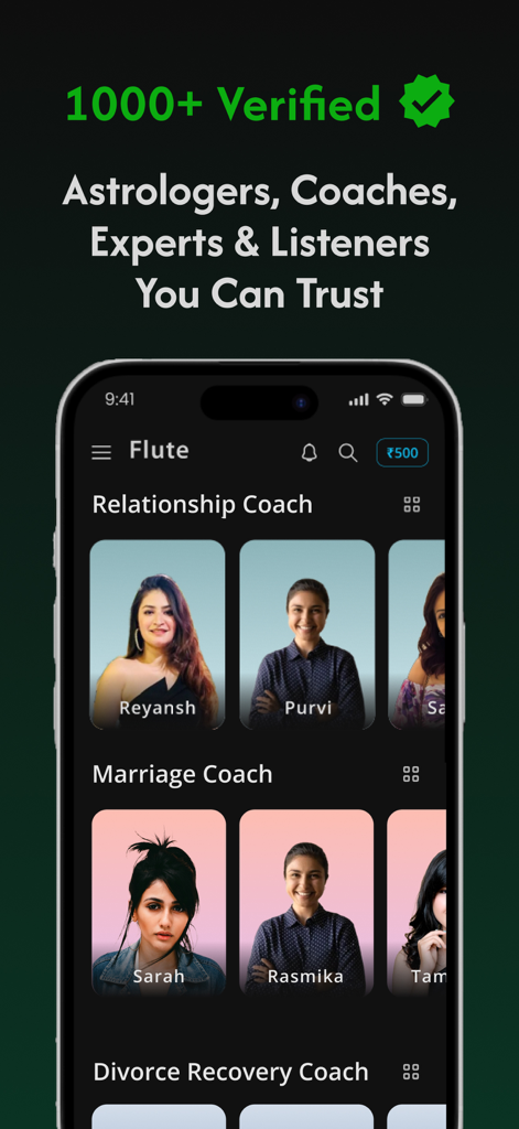 Flute - Love & Life Companion - Interfaccia dell'app mobile per Flute che mostra un elenco di coach verificati di relazioni e matrimoni.