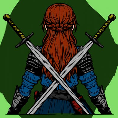 very realistic warrior girl with swords behind her back